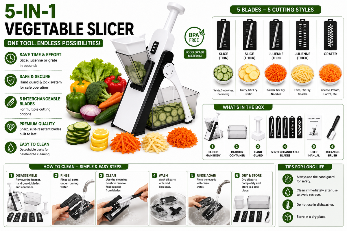 Easy to clean vegetable slicer with removable food grade blades
