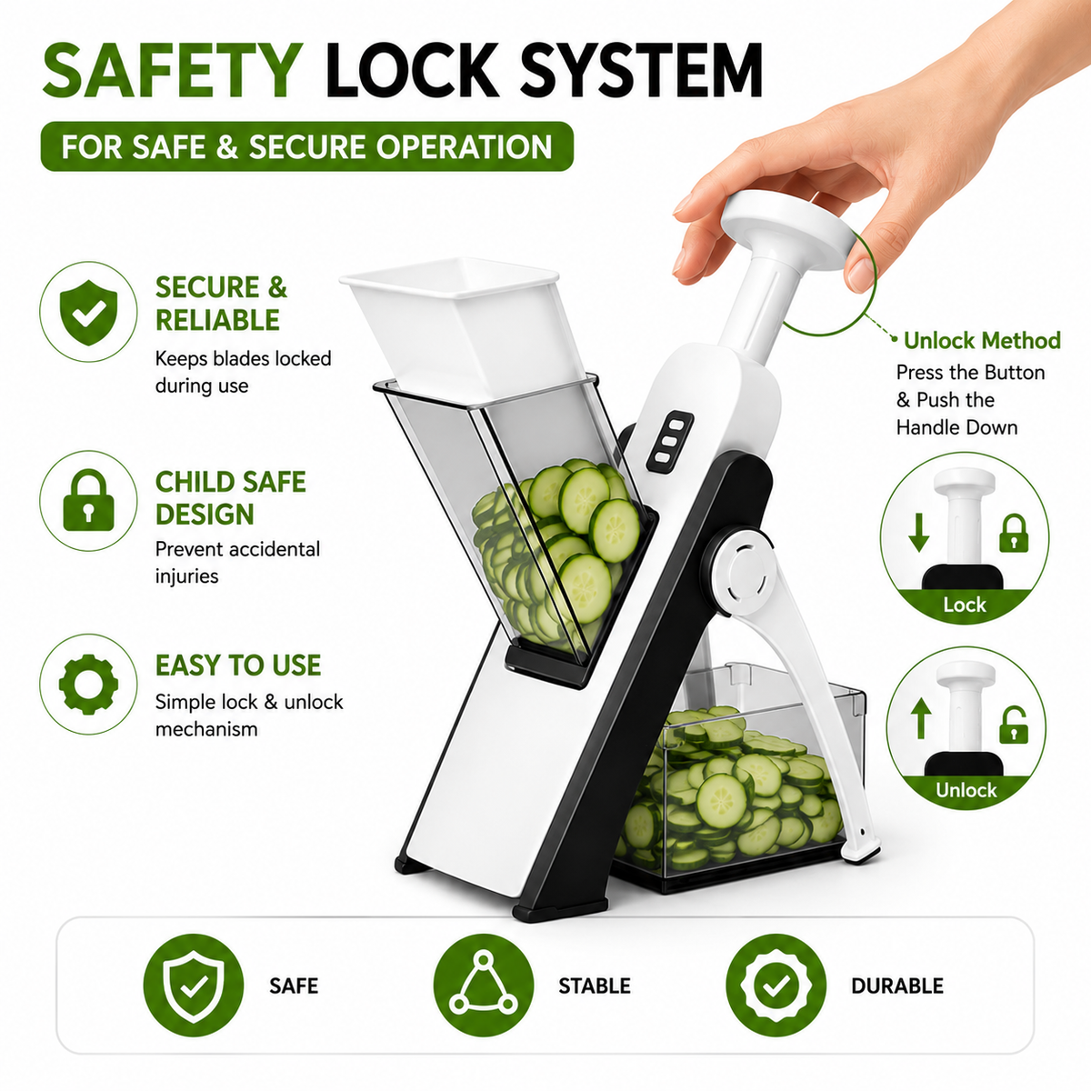 Vegetable slicer with safety lock system for secure operation