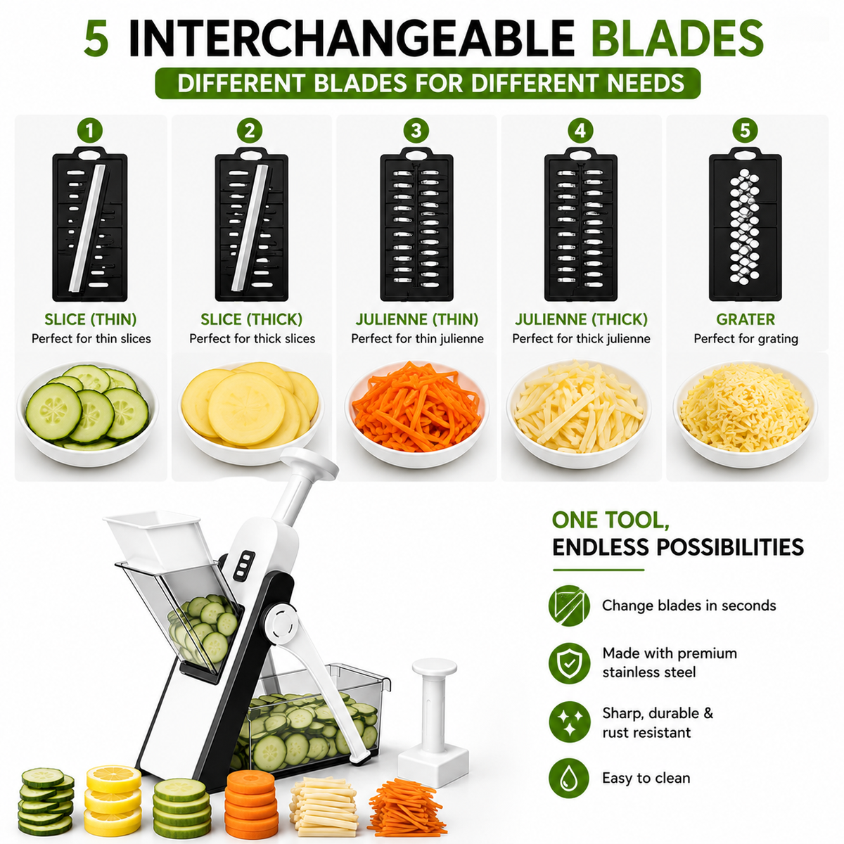 5 interchangeable blades for slicing, julienne and grating vegetables