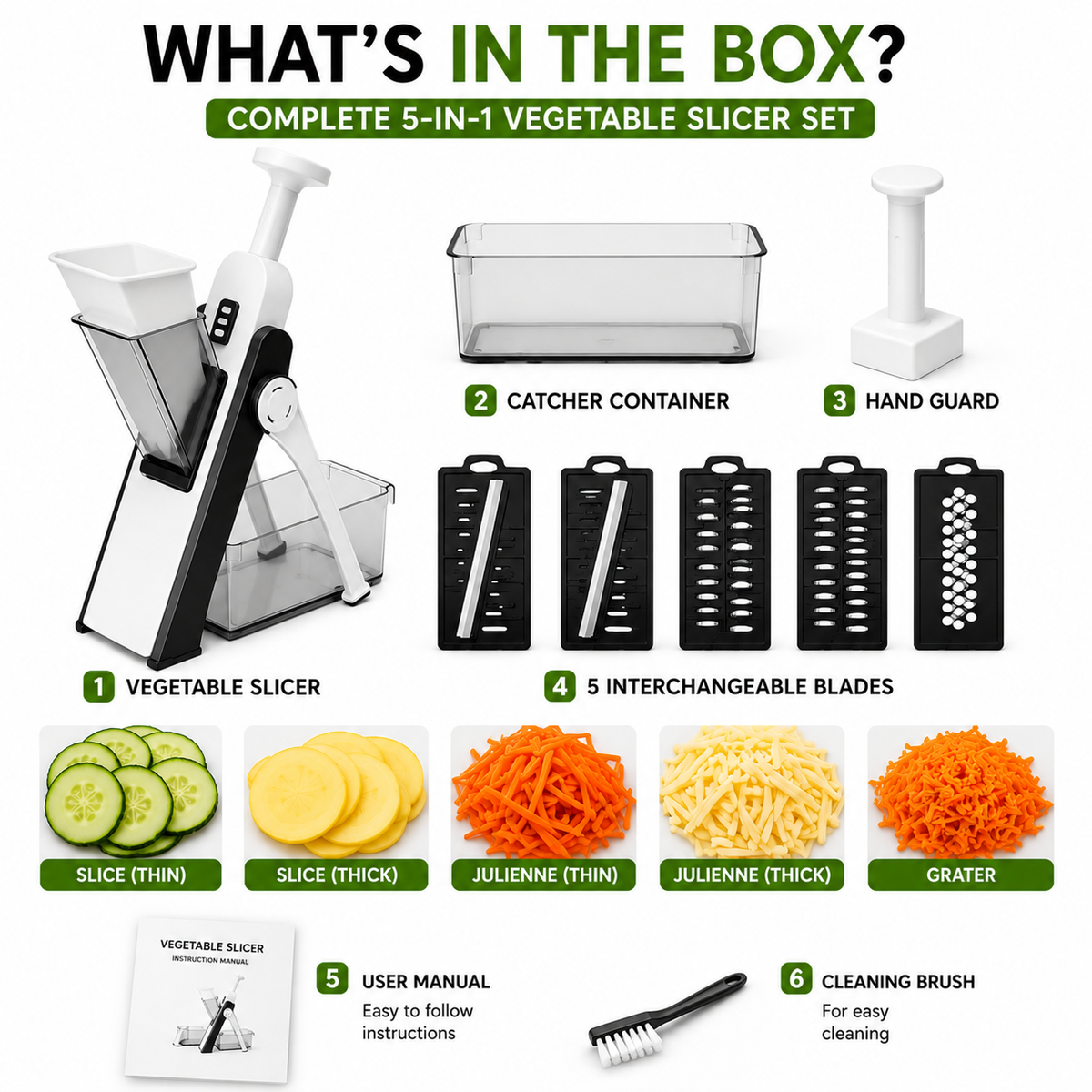 PureFlow vegetable slicer package contents with all accessories and blades